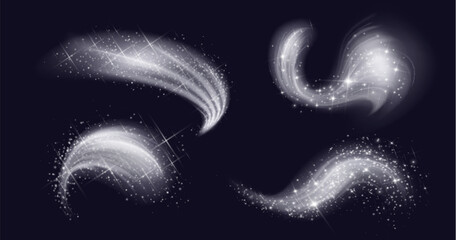 Wall Mural - white swirl fragrance wind spraying with glow effect and snow particles. realistic vector illustrati