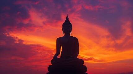 Silhouette of a Buddha statue against a vibrant sunset sky with dramatic clouds.