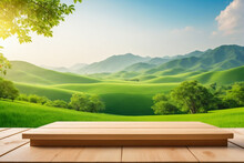 Plain Wooden Podium For Product With Green Landscape Background - Product Showing