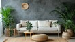 Comfortable sofa with pillows, houseplants, table and wicker pouf near the large wall