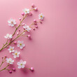 Small white soft flowers on blank red pink background with copy space. Cherry blossom bouquet in spring by Generative AI