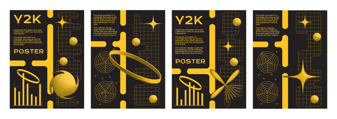 Poster - y2k aesthetic poster design template with grid geometric pattern and simple yellow icon on black bac