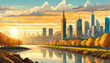 City sky land at the sunset river side flat art illustration