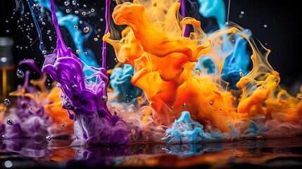 A colorful chemical reaction in a beaker over dark background, showing the effects of mixing different substances and creating bubbles and smoke