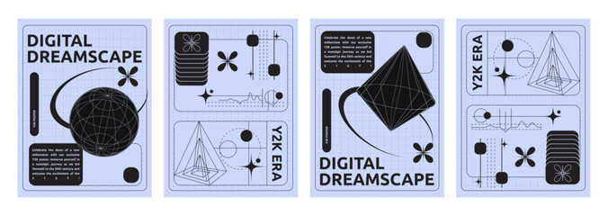 Poster - Poster design template in y2k aesthetic with black grid geometry shape and object on blue background. Vector set of banner layout with collage composition of wireframe vintage 3d figure in 2000s style