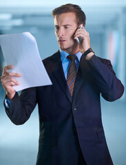 Poster - Phone call, paperwork and young businessman in the office for legal company proposal or agreement. Document, technology and professional male attorney on mobile discussion with cellphone in workplace