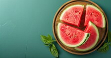 Watermelons in The Upper Portion On A Wooden Plate Against A Soft Green backdrop, Space, Generative AI.
