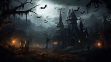 Spooky Haunted House With Flying Bats And Crawling Spiders On A Dark Night. Scary Halloween Concept.