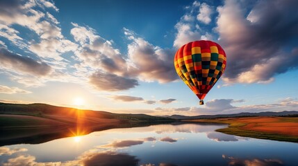 Wall Mural - A colorful hot air balloon soaring over a scenic landscape