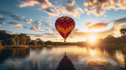 Wall Mural - A colorful hot air balloon soaring over a scenic landscape