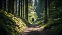 A Fit And Healthy Man Enjoying A Morning Run On A Scenic Forest Path