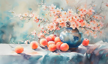 Watercolor Painting Peaches, Generative AI