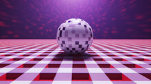 A 3D Pixelated Sphere With A Blue And White Checkerboard Pattern, Set Against A Purple Background, On The Surface Of A Red-white Mesh With Indentations