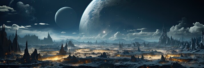 Poster - Space landscape with a landing module on the surface of the Moon and an incredible view of the Earth, breathtaking sights of a thriving lunar colony, Generative AI