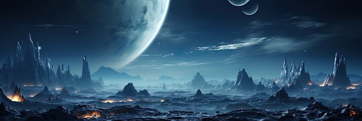 Poster - Space landscape with a landing module on the surface of the Moon and an incredible view of the Earth, breathtaking sights of a thriving lunar colony, Generative AI