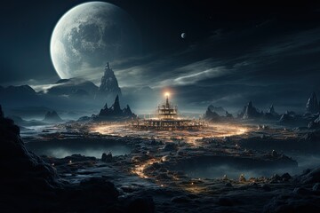 Poster - Space landscape with a landing module on the surface of the Moon and an incredible view of the Earth, breathtaking sights of a thriving lunar colony, Generative AI