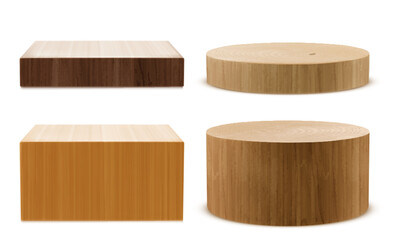 Poster - Brown wooden 3d product podium in shape of square and circle. High and small platform with wood texture for natural goods display. Realistic vector mockup of empty pedestal for presentation