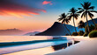 Tropical beach from side view at sun set flat art design illustration for postcard