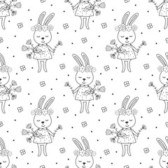 Wall Mural - Seamless pattern with rabbit and flowers. Drawn in doodle style.