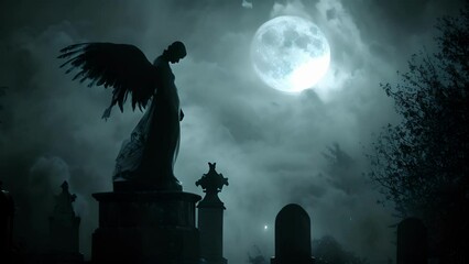 Wall Mural - A winged silhouette caught in the light of a full moon appears to be dancing a the tombstones of a forgotten graveyard its shadowy movements adding to the eerie atmosphere.