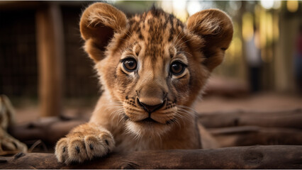 Wall Mural - AI generated illustration of a young lion cub staring intently at the camera