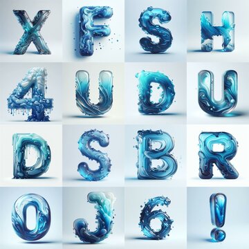 Blue glass 3D Lettering Typeface. AI generated illustration