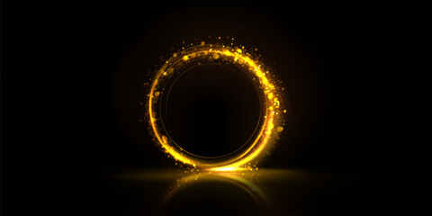 Poster - Golden glowing circle frame with glitter sparkle on black background. Realistic vector illustration of neon light round element with gold shiny sparks and reflection. Bright flare glossy ring.