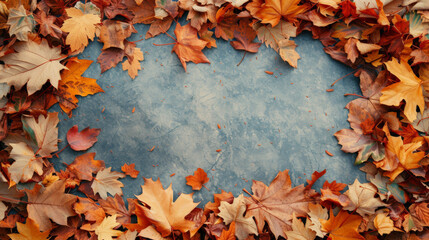 Canvas Print - Vibrant autumn leaves create a border around a dark, textured background.