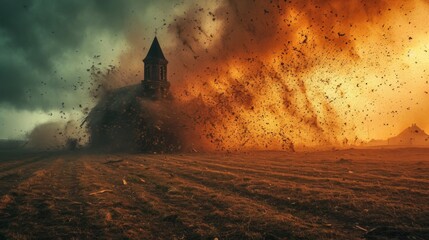 Canvas Print - A church is engulfed in a huge explosion of dust, AI