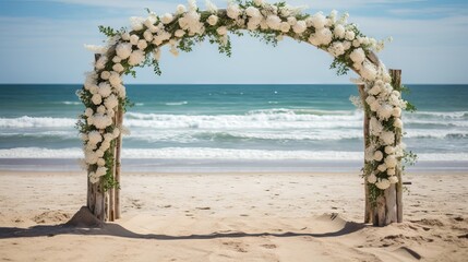 Wall Mural - Elegant floral arch and aisle on sandy beach for romantic wedding destination