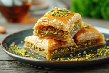 Baklava with pistachio nut on plate, layered pastry dessert made of filo pastry, and sweetened with syrup or honey