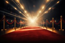 A Red Carpet Event With Barriers And Rope Barriers Set Up To Manage The Crowd For A VIP Occasion, Red Carpet With Spotlight, AI Generated