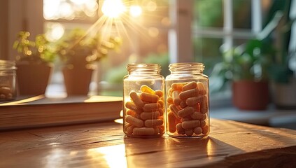 Wall Mural - Healthcare and pharmaceutical concept with pills and medicine bottles. Natural supplements and vitamins for wellness and treatment. Medication pharmacy and health pills and herbal remedies in glass