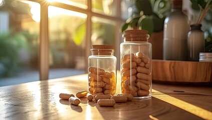 Wall Mural - Healthcare and pharmaceutical concept with pills and medicine bottles. Natural supplements and vitamins for wellness and treatment. Medication pharmacy and health pills and herbal remedies in glass