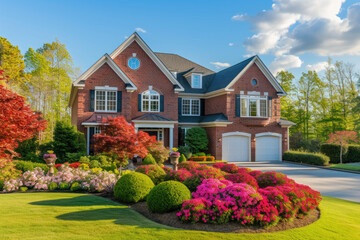 Luxury house exterior with brick and siding trim, double garage, and a big flowers garden