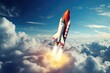 A vibrant red and white rocket accelerating through the sky, on its way to explore the vastness of outer space, Space rocket flying toward the clouds believable rocket icon, AI Generated