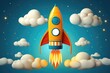 A cartoon rocket gracefully flies through the sky amidst a backdrop of fluffy clouds, Space rocket flying toward the clouds believable rocket icon, AI Generated