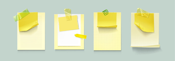 Poster - memo note sticker paper attached with adhesive tape and paperclip. realistic vector mockup set of em