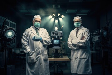 Poster - Two men wearing white lab coats stand together in a room, Some doctors stand in front of the camera, medical theme, AI Generated