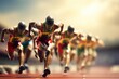 Athletes Running on a Track in a Group Fitness Session, Sprinters bursting out of the starting blocks at a track and field event, AI Generated