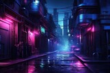 Fototapeta Londyn - This photo captures a lively city street at night, dazzling with colorful neon lights, Street in cyberpunk dystopian city at night, dark alley in neon lights, AI Generated