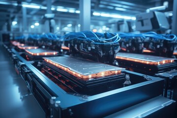 Poster - A photograph of a vast room filled with a significant number of servers, used for storing and processing data, Stunning image of electric vehicle battery packs assembly line, AI Generated