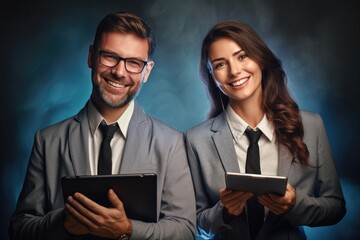Poster - a couple of people, engaged in a task, holding and using a tablet device, two happy professional bus