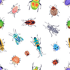 Poster - Beetles, seamless pattern design. Insects, repeating print. Summer bugs, endless background for fabric, textile, wrapping. Nature, repeatable texture for wallpaper, decor. Flat vector illustration