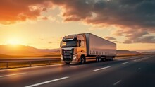 European Truck Transporting Cargo On Highway At Sunset. Transport And Road Vehicles Concept.
