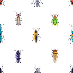 Poster - Insects, seamless nature pattern. Beetles and bugs, endless fauna background design for textile, fabric. Repeating print, texture, backdrop for summer wrapping. Repeatable flat vector illustration