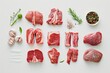 Collection Of Various Uncooked Meat, Separated By White Lines On White Background