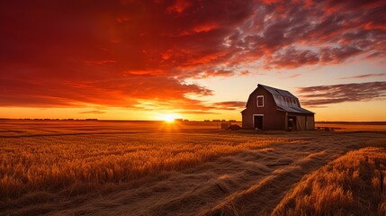 Poster - Rustic farm with granary and golden sky at sunset
