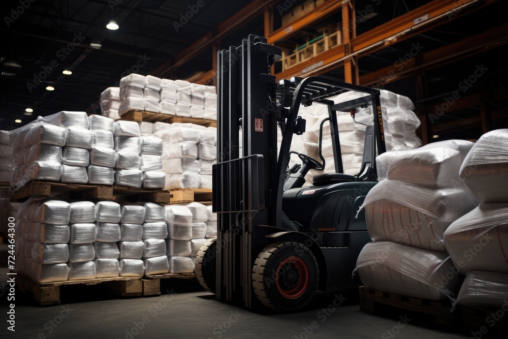 A forklift efficiently maneuvers through a warehouse filled with stacks ...