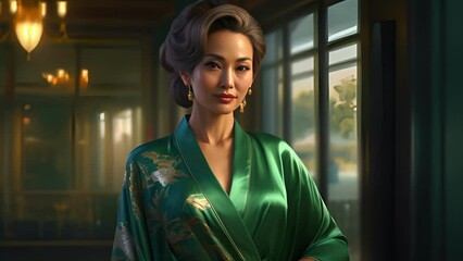 Wall Mural - An older Asian woman radiates grace and class wearing a lovely emerald kimono. The soft fabric clings to her slender frame as she stands tall her hair pulled back in an elegant bun.